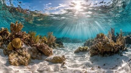 Sunlight streams through the clear turquoise water onto a vibrant coral reef ecosystem, illuminating the diverse marine life and sandy seabed beneath the ocean's surface.