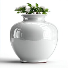 Elegant White Vase with White Flowers on White Background, Minimalist Decor