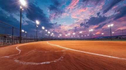 Dramatic evening sky over a baseball field with stadium lights illuminating the scene, the bright stadium lights enhance the dramatic clouds and the ground in the foreground.