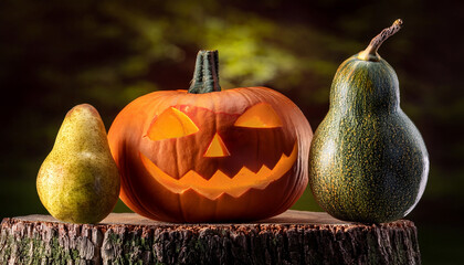 Carved Pumpkins And Pear On Rustic Stump