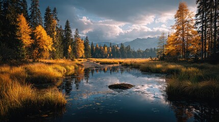 Naklejka premium Scenic Autumn Landscape with Golden Trees and Mountain Reflection in Lake