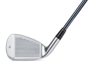 A golf iron clubhead and shaft, angled view, displays a metallic silver head with textured grooves and a dark navy blue shaft.