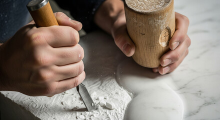 Close-up of Hands Shaping White Stone Using Mallet and Chisel
A powerful, macro close-up captures the hands of a sculptor actively engaged in the process of stone carving