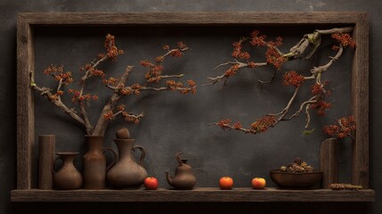 Rustic wooden display shelf with a dark backdrop showcases a collection of vintage pottery, delicate tree branches adorned with small red berries, and vibrant red apples, creating a serene and...