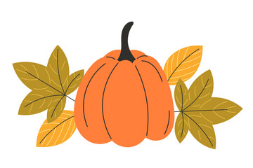 Orange pumpkin with autumn leaves
