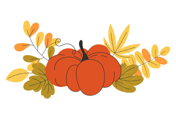 Orange pumpkin with autumn leaves illustration