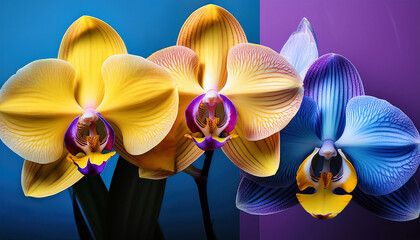 Vibrant Orchid Blossoms In Shades Of Yellow Blue And Purple Displayed In A Three Panel Format