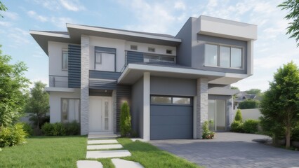 Modern two-story home with gray exterior and manicured lawn, daytime