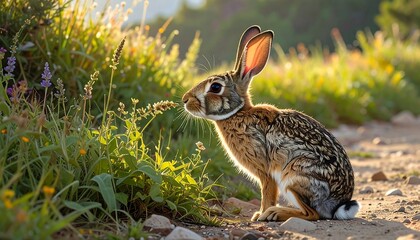 A charming desert rabbit delicately sniffs wildflowers in a sun-drenched meadow, bathed in the warm glow of morning light.
