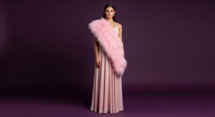 Caucasian young female in elegant pink gown with feather details against purple background