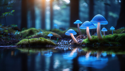 Magical Forest Scene With Glowing Blue Mushrooms Reflected In Still Water Creating A Dreamy Ethereal Atmosphere Tranquil And Enchanting