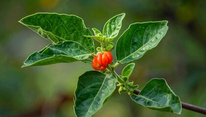 Fototapeta premium Close-up of vibrant orange-red berries on a plant, highlighted by lush green leaves, showcasing a natural and detailed botanical scene.
