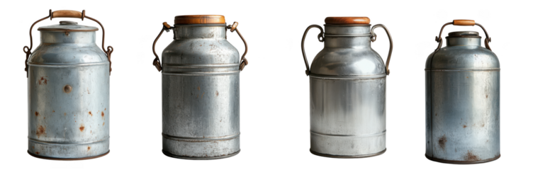 Four vintage metal milk cans with wooden lids and handles, isolated on transparent background
