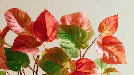 Obraz premium Close-up view of vibrant autumn leaves displaying shades of red and green against a neutral background. The intricate texture of the leaves captures the beauty of seasonal change.