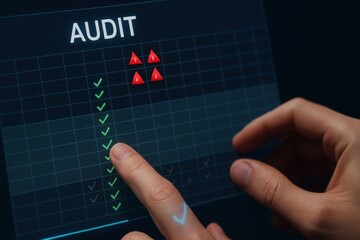 Finger pointing at audit checklist hologram with warning triangles and verification marks 
