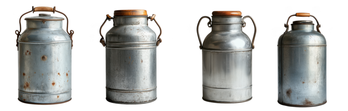Four vintage metal milk cans with wooden lids and handles, isolated on transparent background