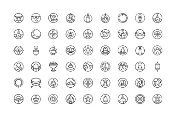Vector art of a comprehensive collection of 50 handdrawn icons related to religion, spirituality, and culture, , suitable for diverse design projects