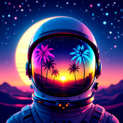 “Futuristic Astronaut in White Spacesuit with Tropical Sunset Reflection in Helmet, Neon Palm Trees, Glowing Moon, and Synthwave Cosmic Landscape in Retro Style”