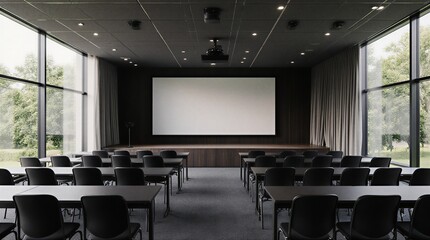 modern classroom interior with empty whiteboard and digital projector for business meeting | business, education, technology, meeting, conference theme