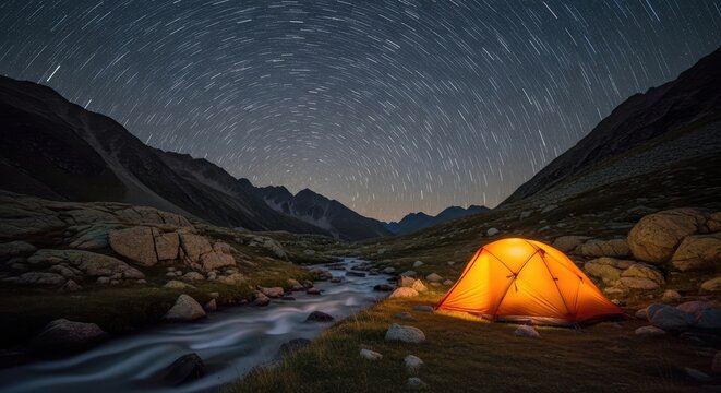 Starry night over orange tent by mountain stream in rocky valley