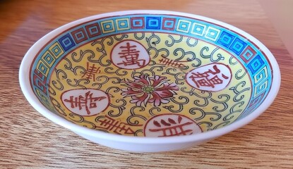Small Asian ceramic bowl with intricate patterns, flowers, and characters for "longevity", "wealth", "luck", and "happiness". Oriental culture and tradition