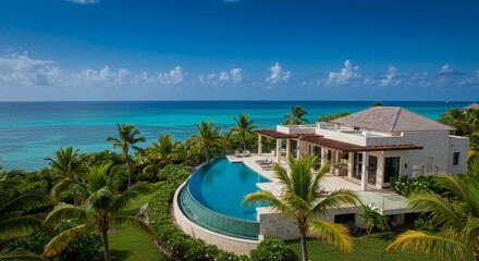 Luxurious Tropical Villa With Infinity Pool Overlooking Turquoise Ocean and Lush Palm Trees