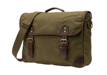 Olive green canvas messenger bag isolated, leather trim satchel with shoulder strap for work or travel