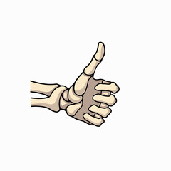 Skeleton hand giving a thumbs-up gesture on white background Concept of Halloween  