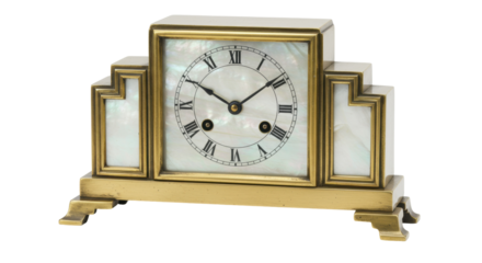 Art Deco mantel clock isolated on transparent background, vintage timepiece with mother of pearl and brass accents