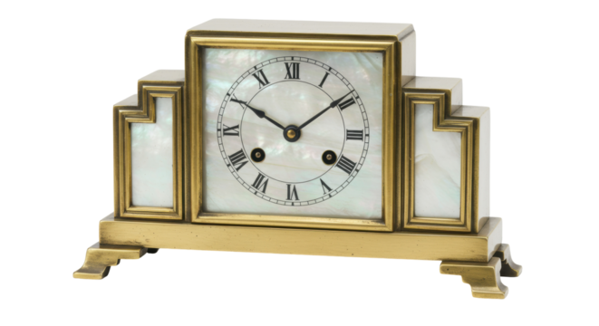 Art Deco mantel clock isolated on transparent background, vintage timepiece with mother of pearl and brass accents