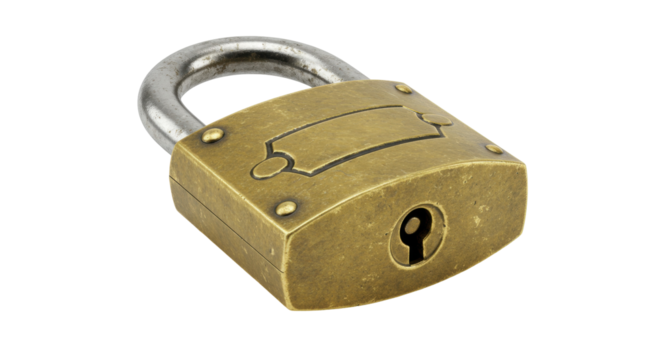 Antique brass padlock isolated on transparent background, vintage security lock for safety and protection PNG