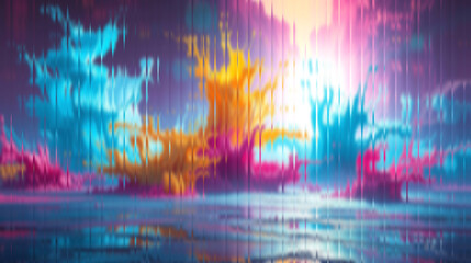 Fototapeta premium Vibrant dreamscape with abstract clouds reflecting in a tranquil, colorful water body