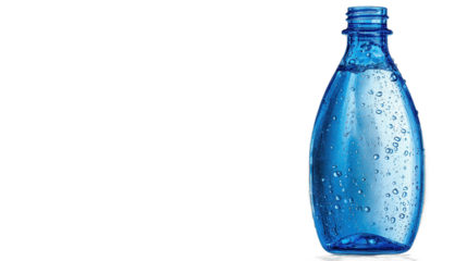 Clear blue bottle with water droplets stands against a white background, highlighting refreshment and hydration