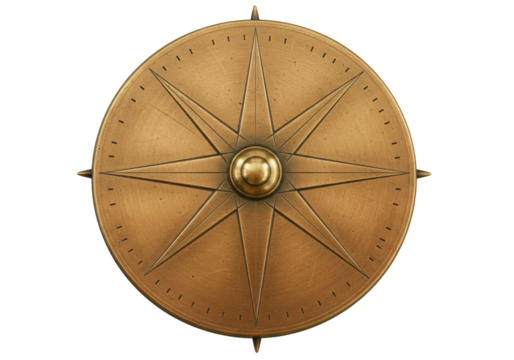 Antique brass compass rose isolated on transparent background, nautical navigation tool for travel and exploration concepts