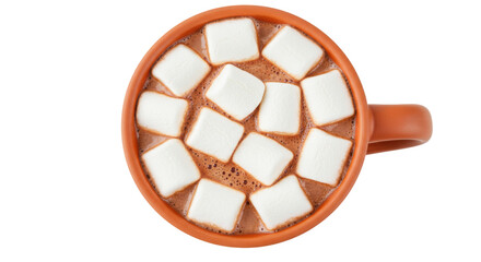 Hot chocolate with marshmallows in terracotta mug isolated, comforting winter beverage for cozy holiday season