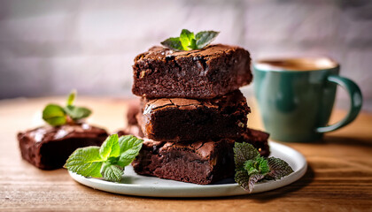 Delicious Homemade Chocolate Brownies Stacked With Fresh Mint Leaves And Coffee Cup In The Background Capturing Warm Dessert Vibes And Cozy Moments