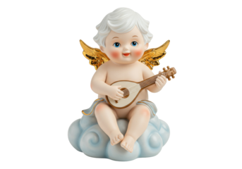 Adorable cherub playing mandolin isolated on transparent PNG, cute angel figurine with golden wings for Christmas and Valentine s Day decor