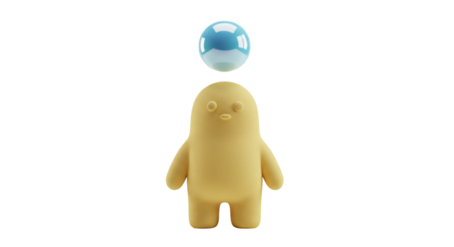 Cute yellow blob character with blue bubble isolated on transparent background, whimsical design element for kids projects PNG