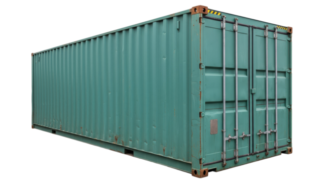 Green shipping container isolated on transparent background, intermodal freight transport for global trade and logistics