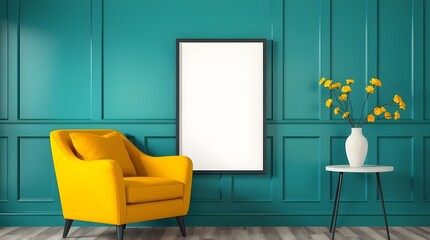 Vibrant yellow sofa and chair near teal wall with poster frame Scandinavian interior design of modern living room Snowy Twilight Light gray icy blue silver midnight blue Vintage Poster Style