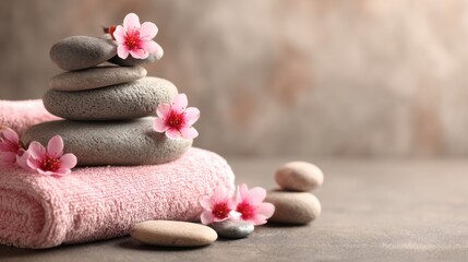 Smooth gray stones are stacked artfully on a soft pink towel, adorned with delicate pink flowers, evoking tranquility and relaxation in a calm spa environment.