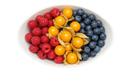 Bowl of mixed berries isolated on transparent background, raspberries blueberries and physalis for healthy eating and summer dessert