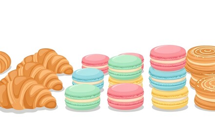 Assortment of French pastries and colorful macarons in pixel art style