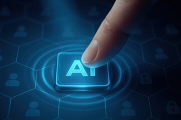 Finger pressing glowing ai hologram button with ripple effect on user grid background 

