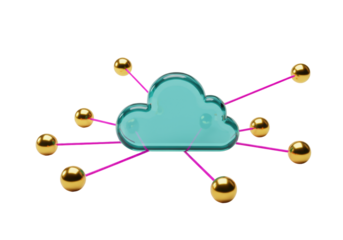 Turquoise cloud network PNG isolated, golden spheres connected by pink lines for cloud computing and data transfer concept