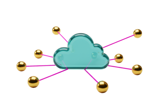 Turquoise cloud network PNG isolated, golden spheres connected by pink lines for cloud computing and data transfer concept