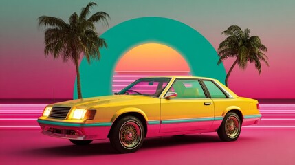 A vintage yellow car parked on a pink road with a palm tree in the background under a neon-lit sky. The composition is close-up, focusing on the car's front and side profile.