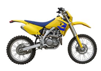 Yellow and blue dirt bike isolated on transparent background, off-road motorcycle for motocross and extreme sports