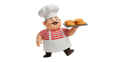 Cartoon baker holding tray with buns PNG, isolated character with mustache and chef hat on transparent background
