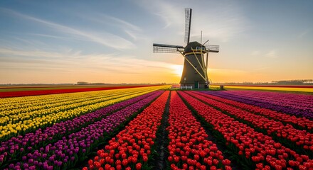 Iconic dutch windmill stands tall amidst vibrant rows of blooming tulips at sunrise